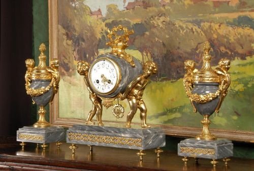 **** Sold **** Marble and Gilt Cherub Clock Set by Vincenti Et Cie